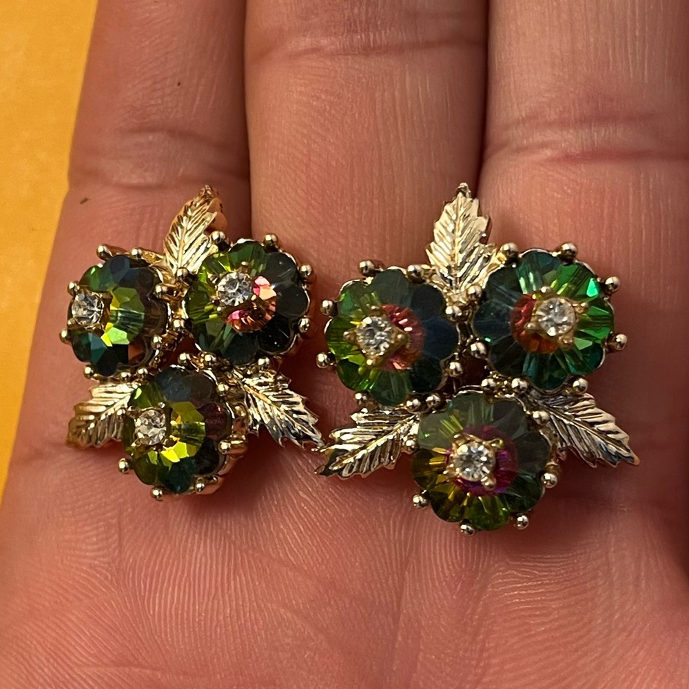 EMMONS Green Watermelon Rivoli Leaf Clip on Earrings